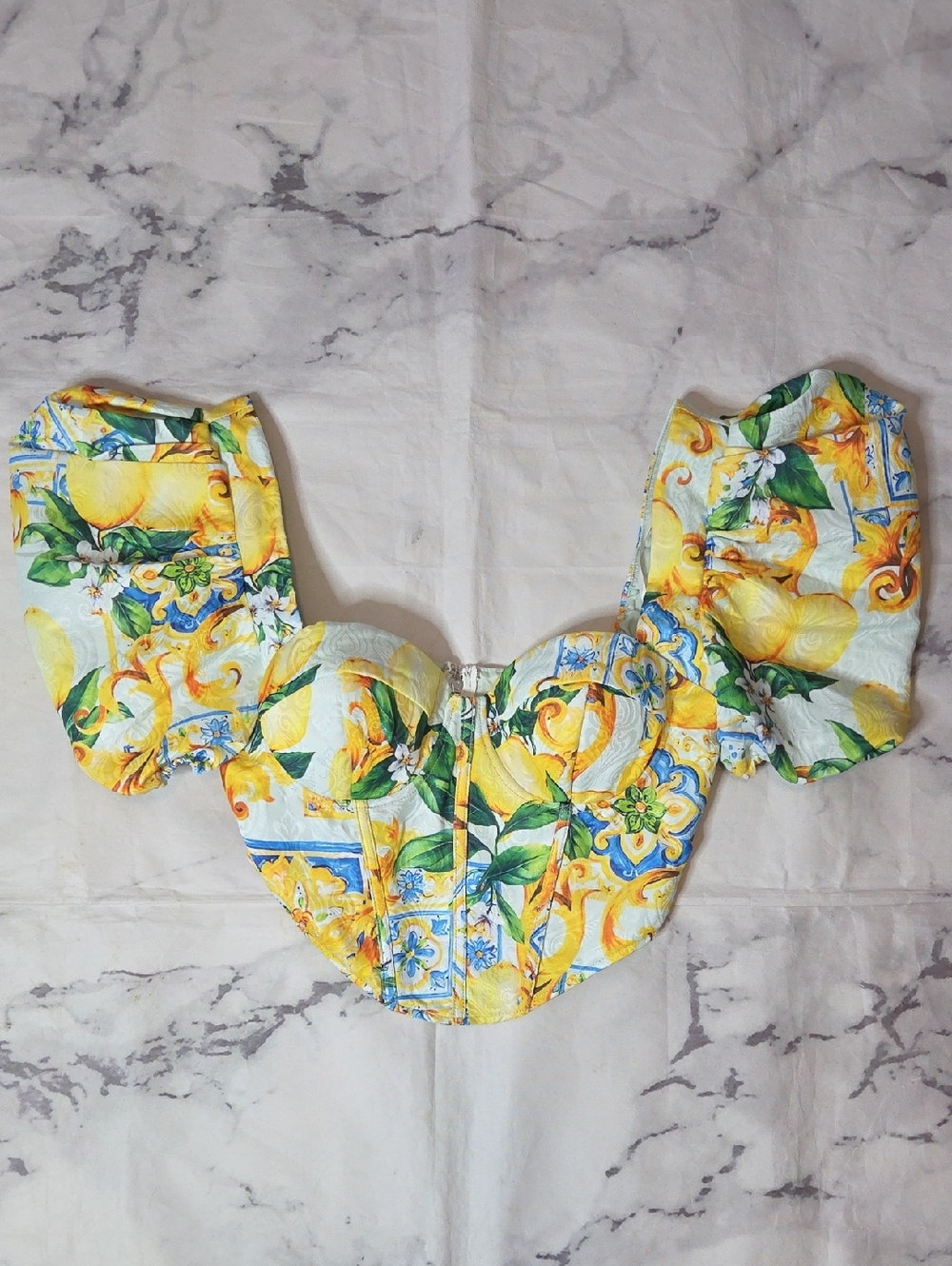 Blithe Yellow Print Puff Sleeve Cropped Blouse